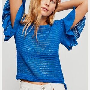 Free People Babes Only Lightweight Open Knit Top in Lasting Laguna Ruffle Sleeve